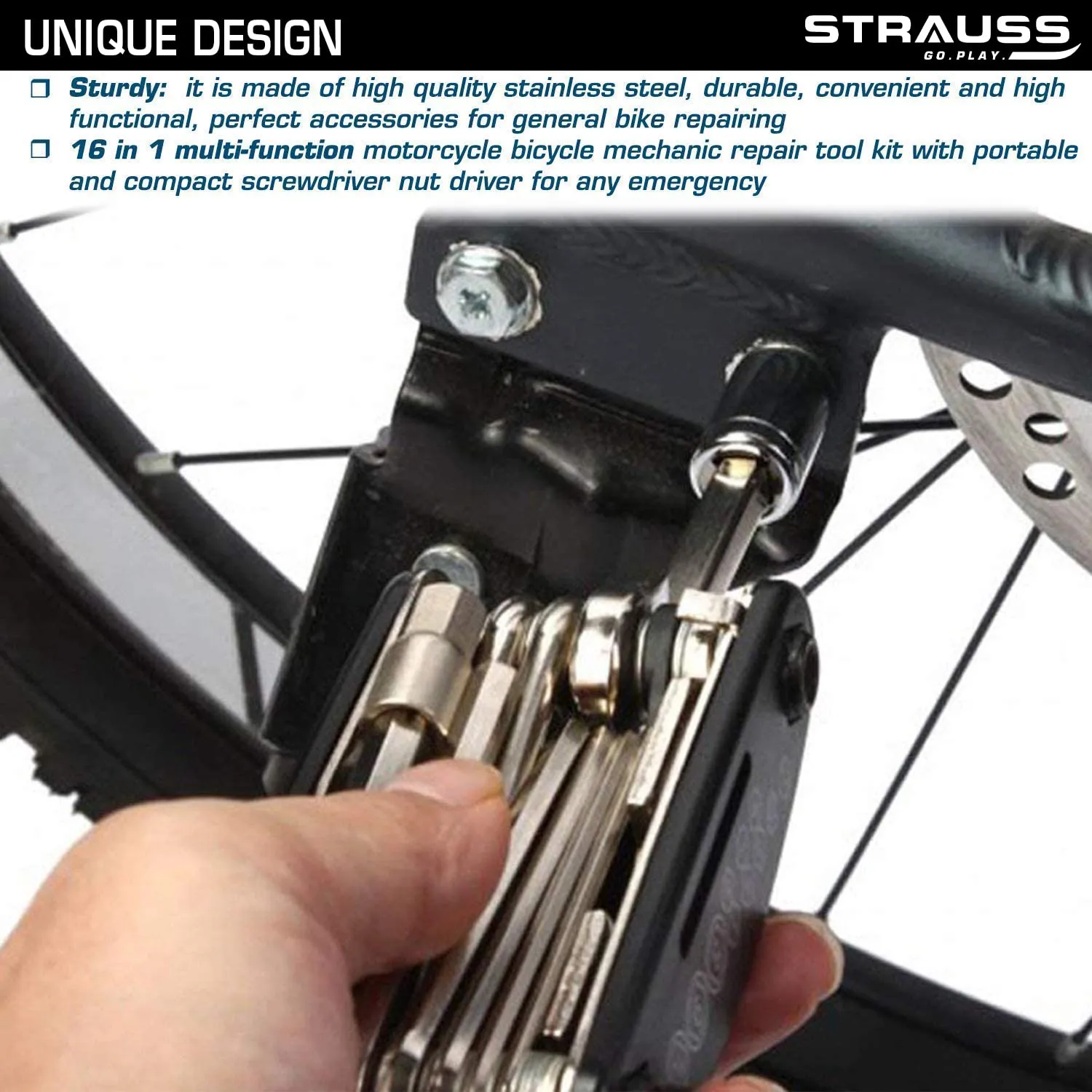 Strauss Bicycle Repair Tool Kit | 16-in-1 Multi-Purpose Set with Screwdrivers, Wrenches, Spanners, Nail Puller & Extension Rod | Portable & Compact Cycling Maintenance Equipment for Bike