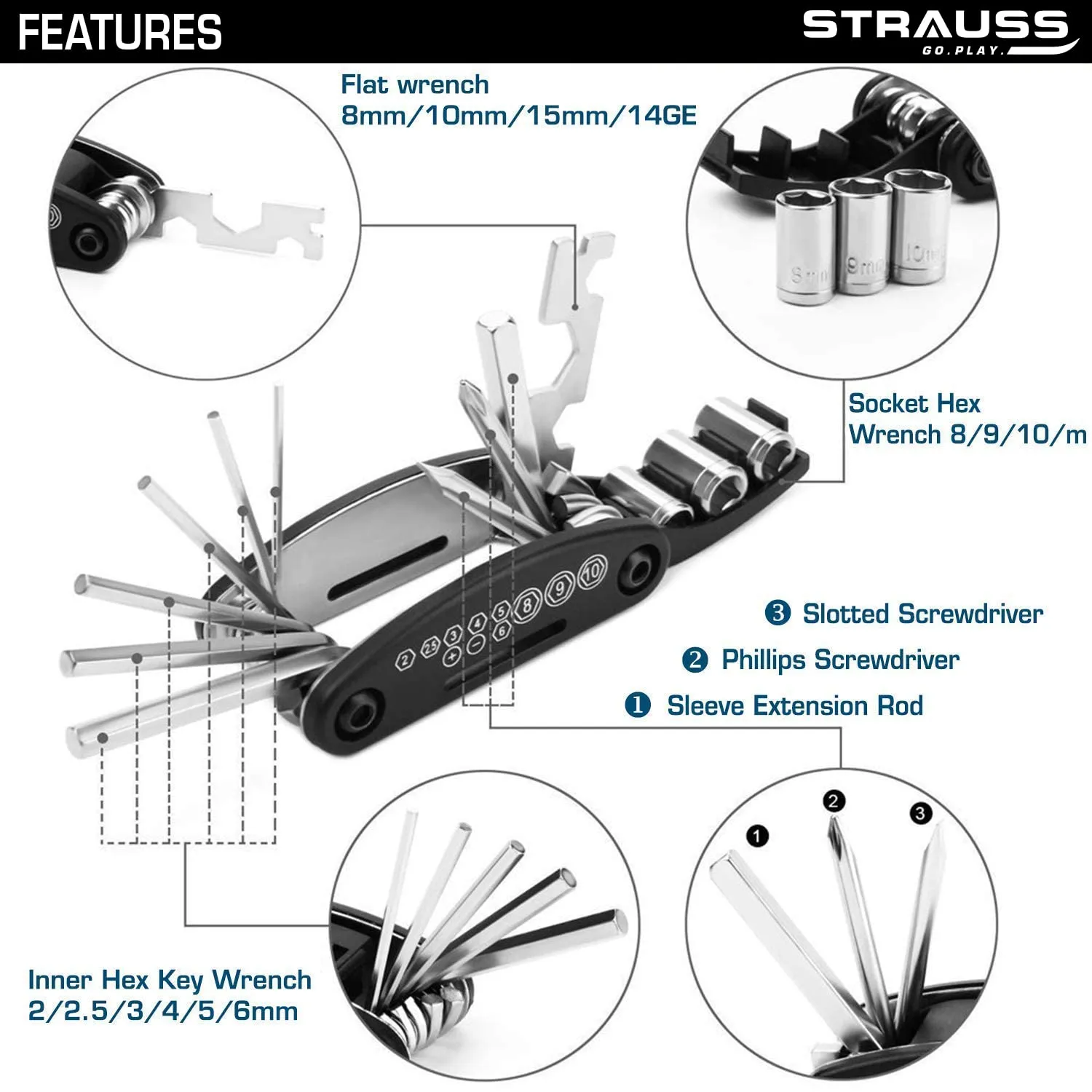 Strauss Bicycle Repair Tool Kit | 16-in-1 Multi-Purpose Set with Screwdrivers, Wrenches, Spanners, Nail Puller & Extension Rod | Portable & Compact Cycling Maintenance Equipment for Bike