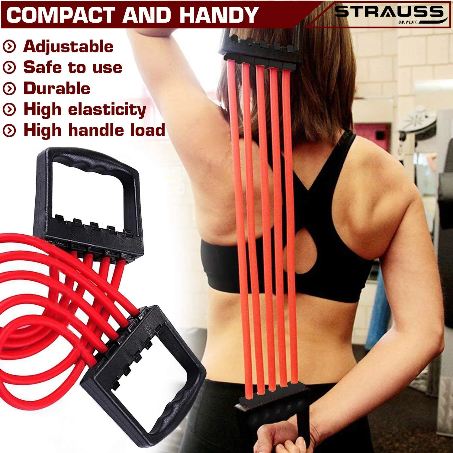 Strauss Chest Expander with 5 Springs and Adjustable Hand Grip Strengthener, (Grey/Black)