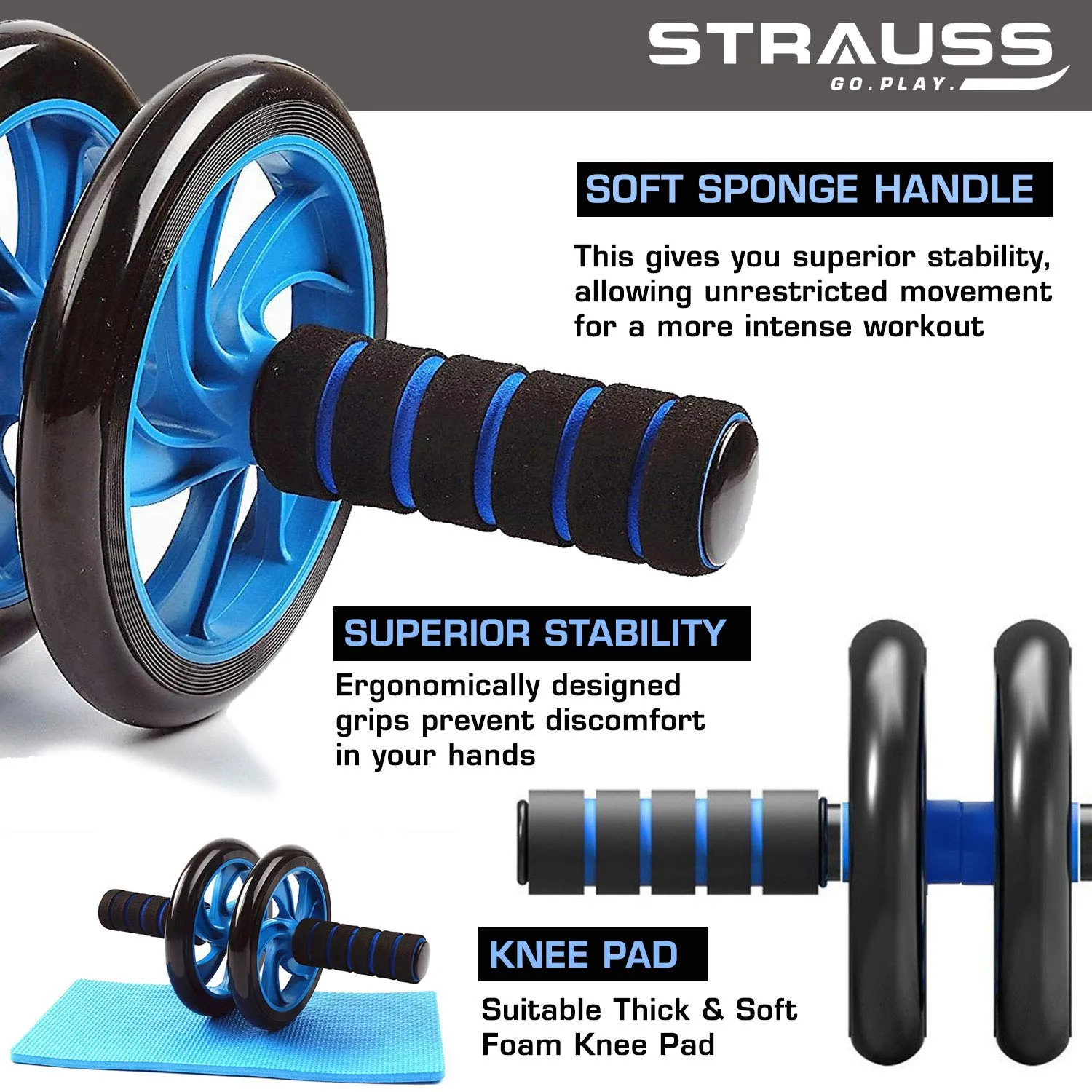 Strauss Moto Push up Bar, Pair (Black/Blue) and Double Wheel Ab Exerciser with Knee Pad