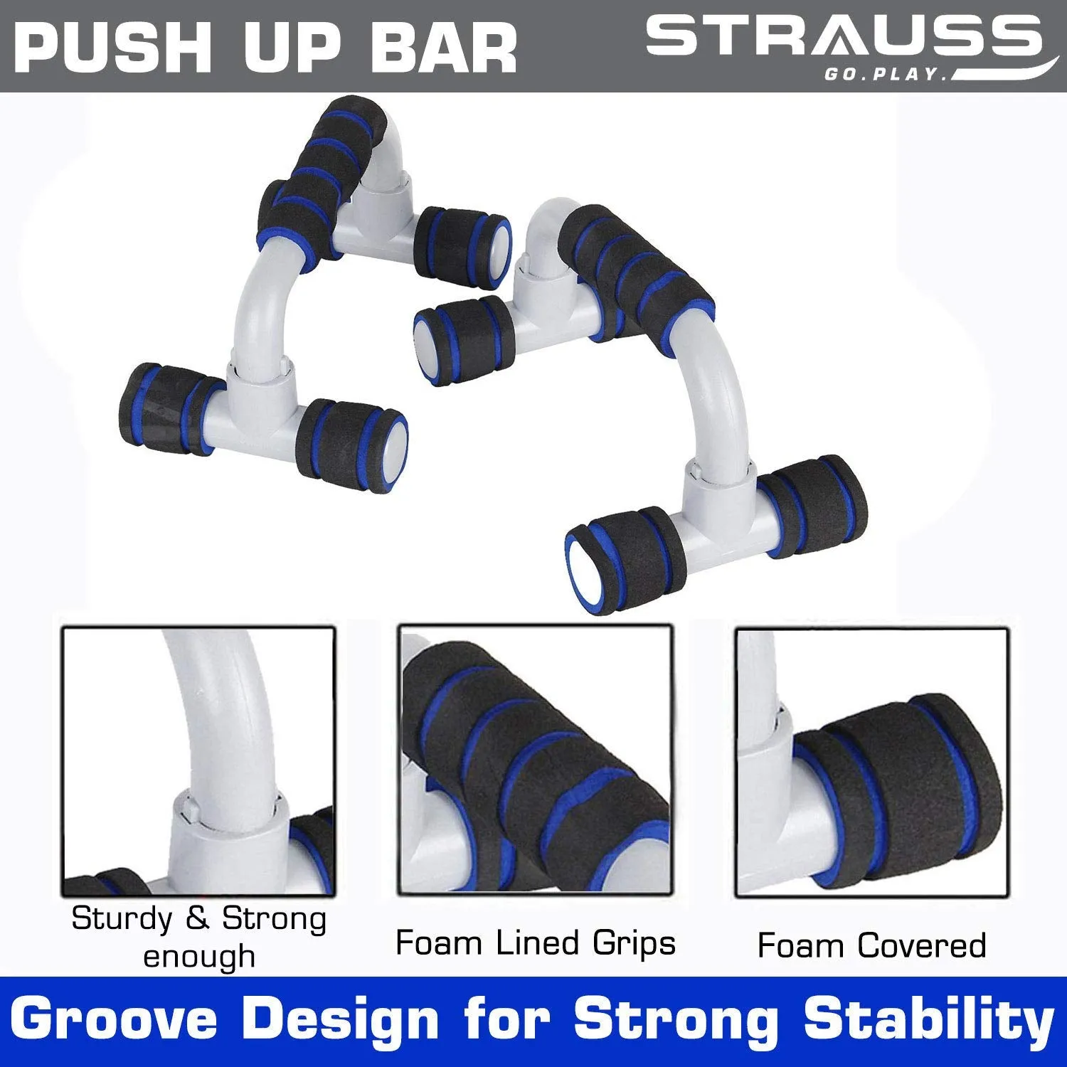 Strauss Moto Push up Bar, Pair (Black/Blue) and Double Wheel Ab Exerciser with Knee Pad