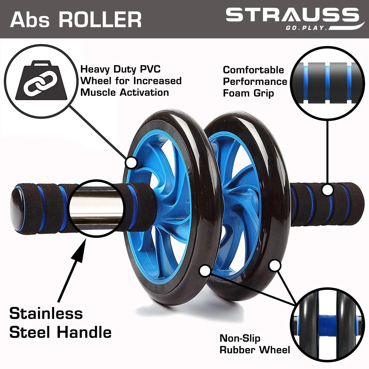 Strauss Moto Push up Bar, Pair (Black/Blue) and Double Wheel Ab Exerciser with Knee Pad