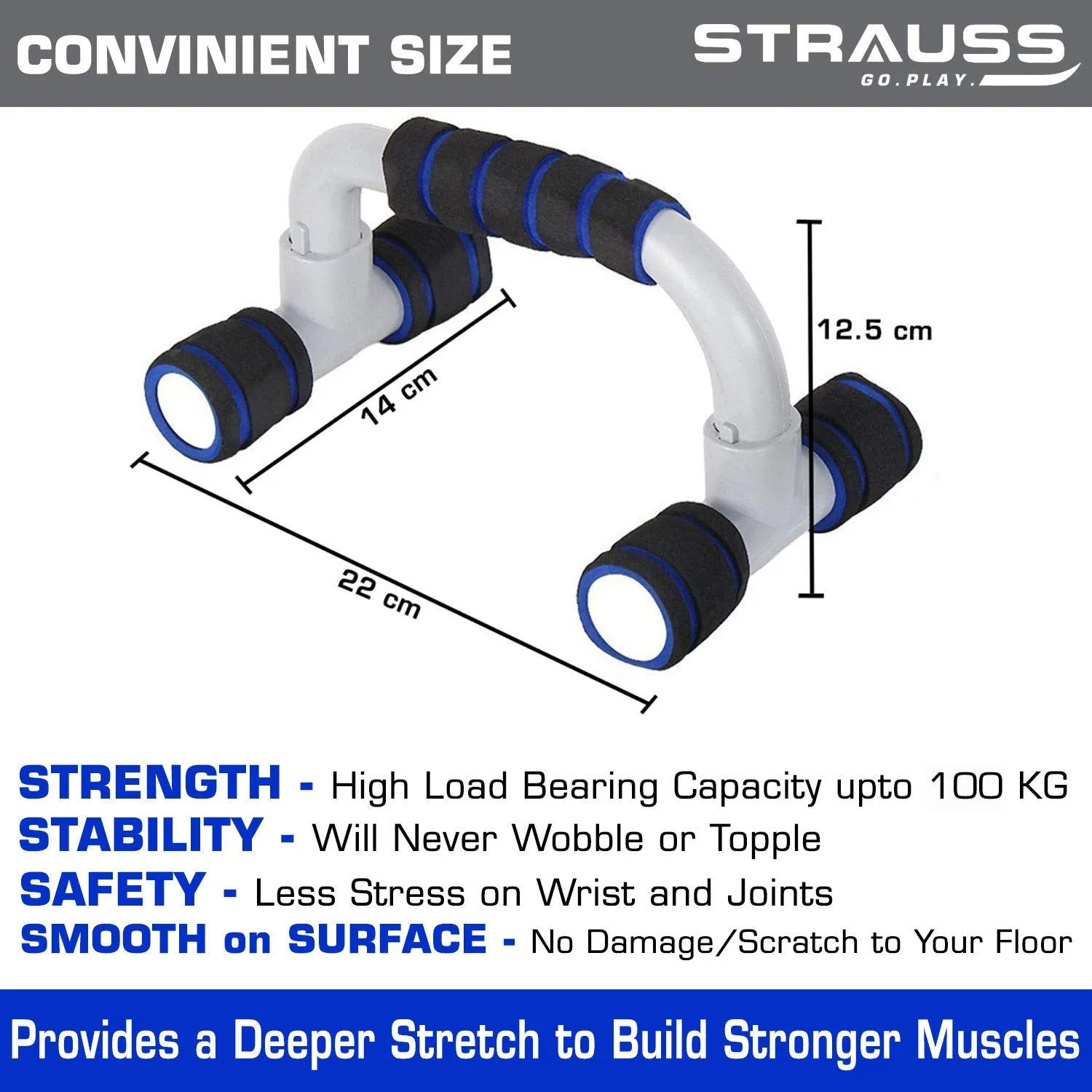 Strauss Moto Push up Bar, Pair (Black/Blue) and Double Wheel Ab Exerciser with Knee Pad