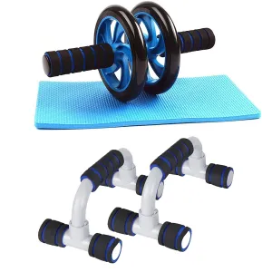 Strauss Moto Push up Bar, Pair (Black/Blue) and Double Wheel Ab Exerciser with Knee Pad