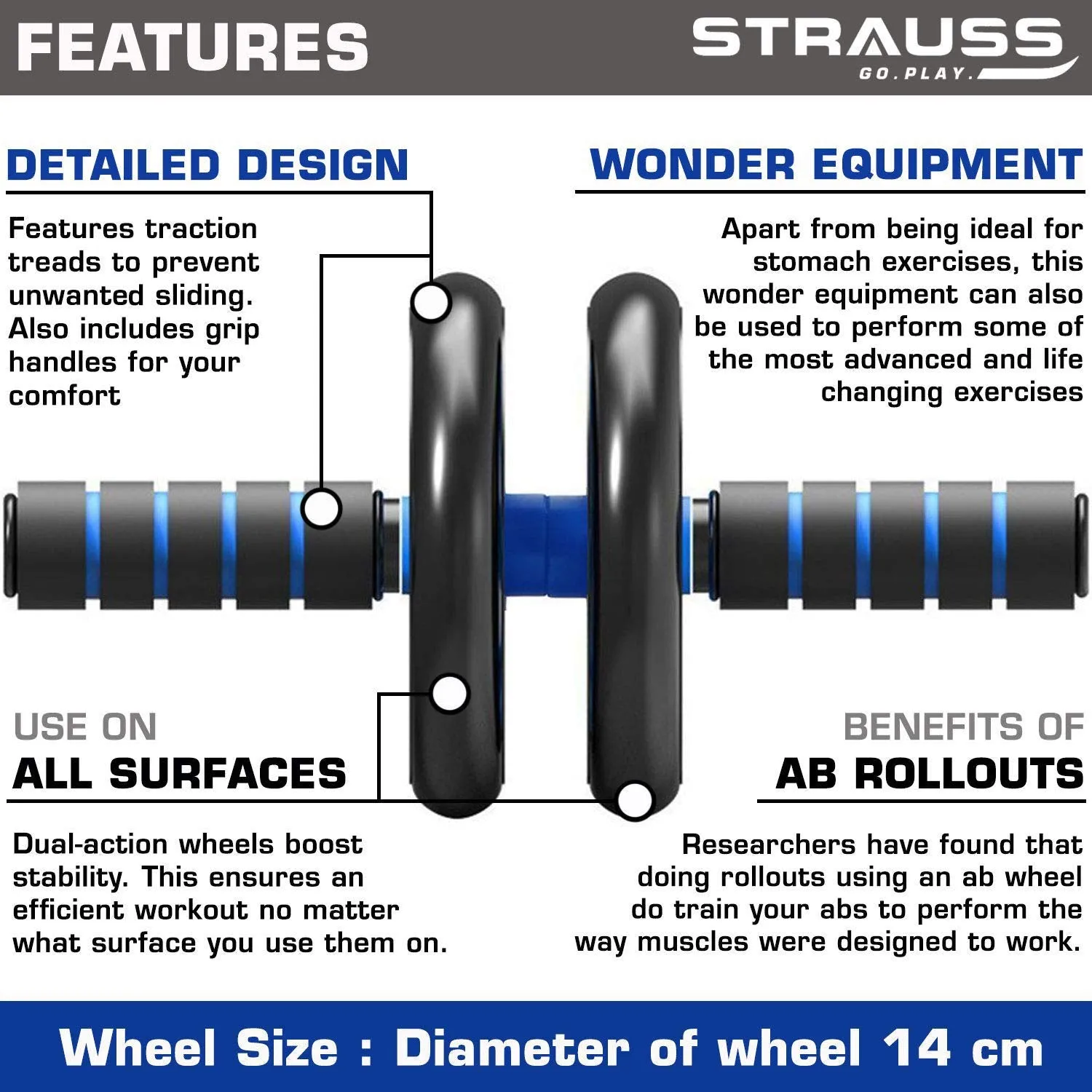 Strauss Moto Push up Bar, Pair (Black/Blue) and Double Wheel Ab Exerciser with Knee Pad