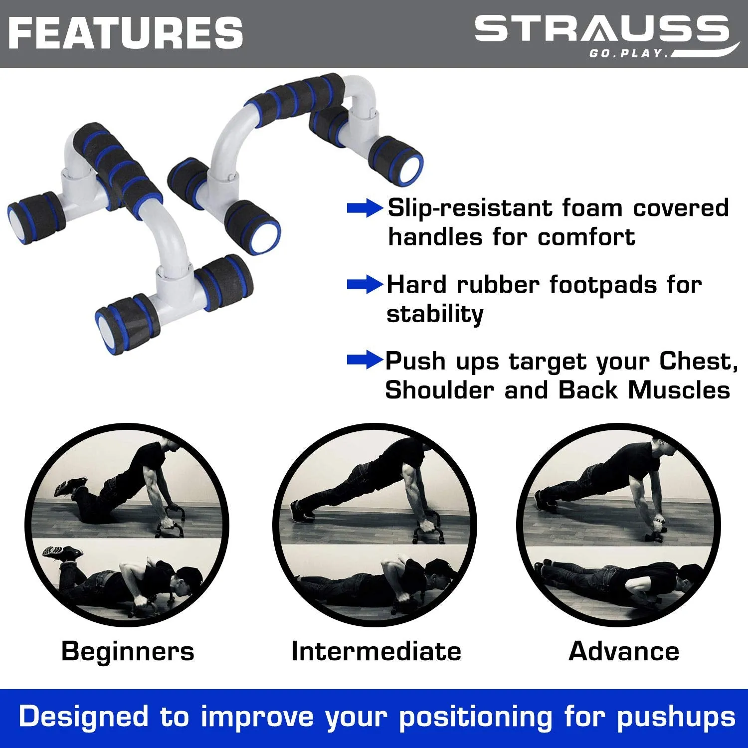 Strauss Moto Push up Bar, Pair (Black/Blue) and Double Wheel Ab Exerciser with Knee Pad