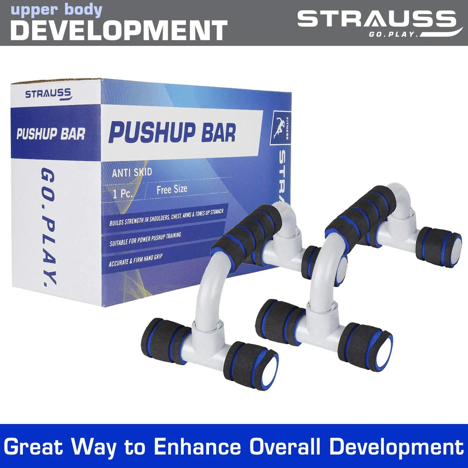 Strauss Moto Push up Bar, Pair (Black/Blue) and Double Wheel Ab Exerciser with Knee Pad