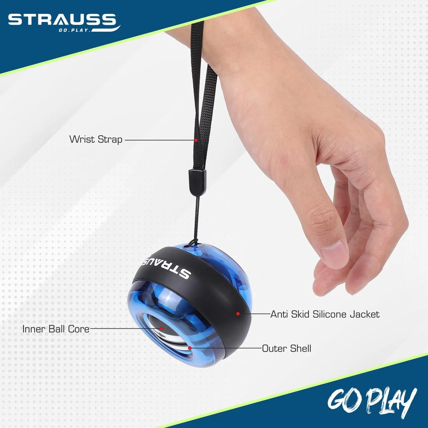 Strauss Wrist Gyro Ball | Ideal for Wrist Training, Strengthening Arms, Fingers, Wrist Bones and Muscles | Power Wrist Ball, Hand Enhancer, Forearm Exerciser with LED Light,(Light Blue)