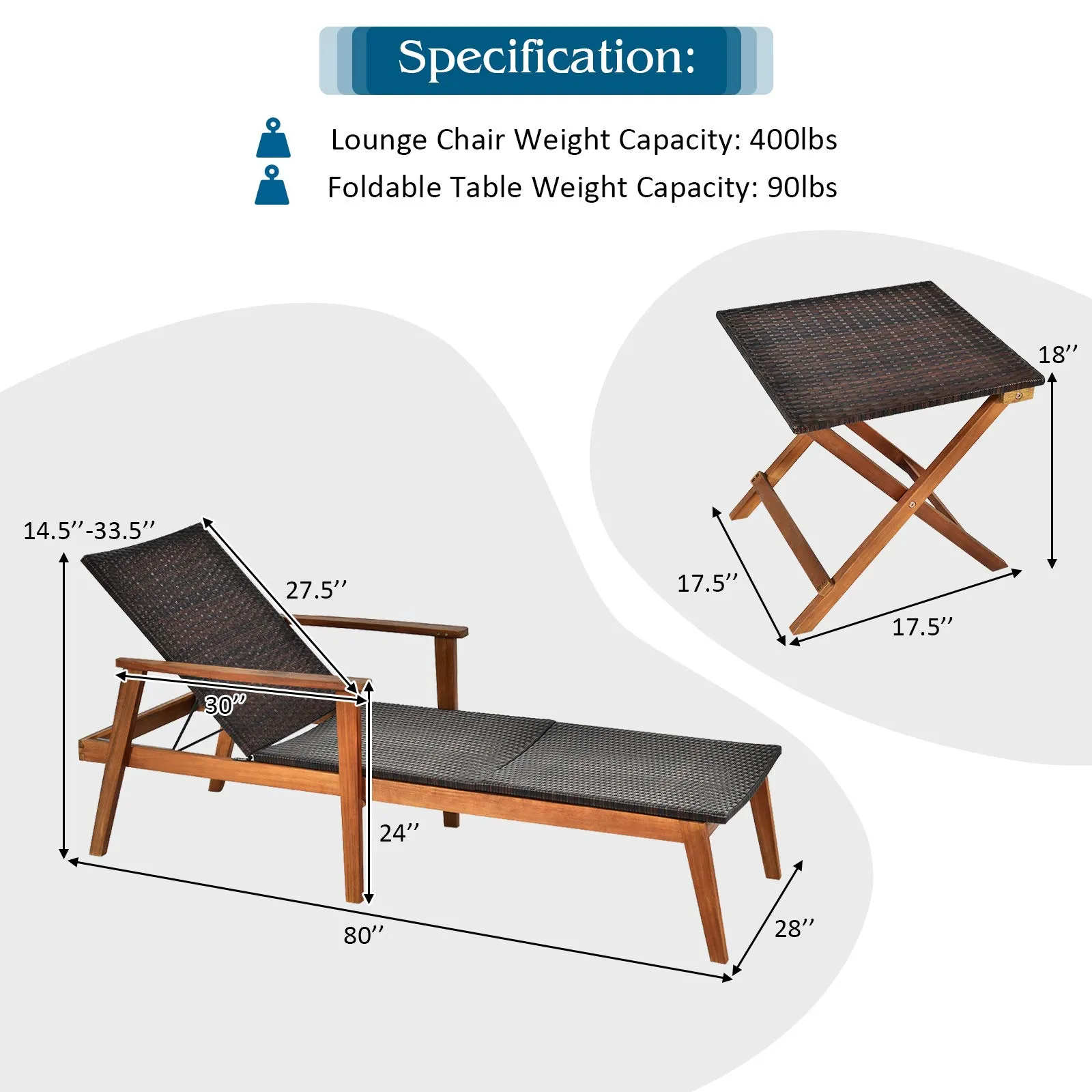 Tangkula 3 Pieces Outdoor Chaise Set, Wicker Rattan Lounge Chair w/Acacia Wood Frame & 4 Adjustable Positions