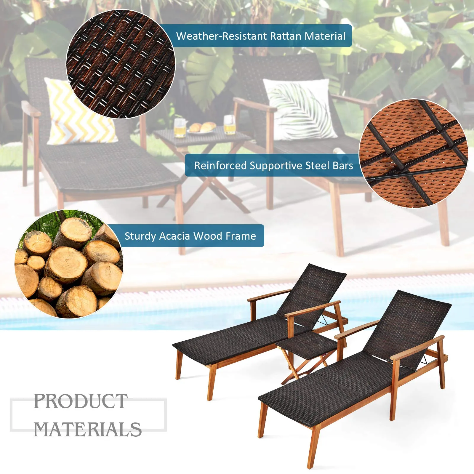 Tangkula 3 Pieces Outdoor Chaise Set, Wicker Rattan Lounge Chair w/Acacia Wood Frame & 4 Adjustable Positions