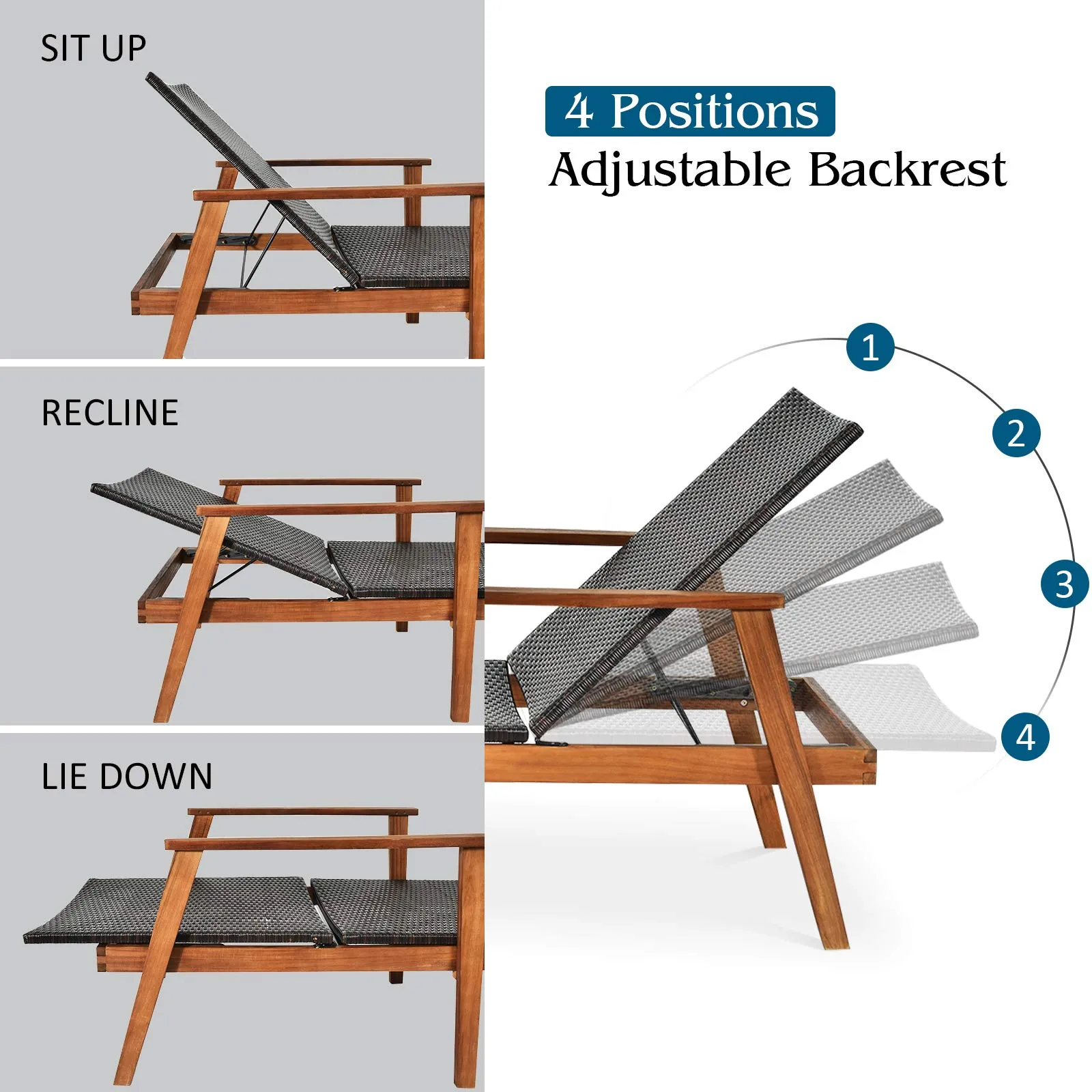 Tangkula 3 Pieces Outdoor Chaise Set, Wicker Rattan Lounge Chair w/Acacia Wood Frame & 4 Adjustable Positions