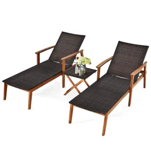 Tangkula 3 Pieces Outdoor Chaise Set, Wicker Rattan Lounge Chair w/Acacia Wood Frame & 4 Adjustable Positions