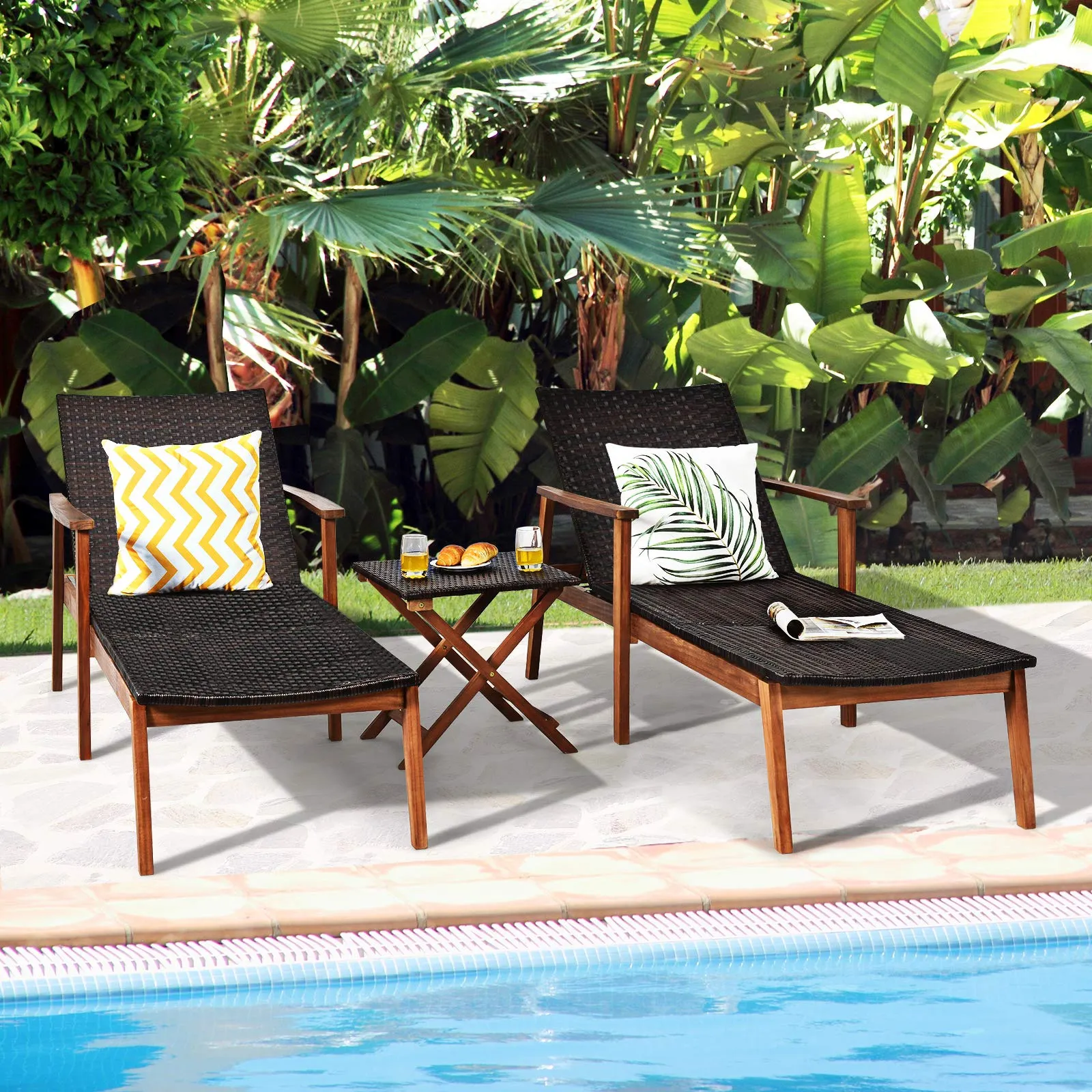 Tangkula 3 Pieces Outdoor Chaise Set, Wicker Rattan Lounge Chair w/Acacia Wood Frame & 4 Adjustable Positions