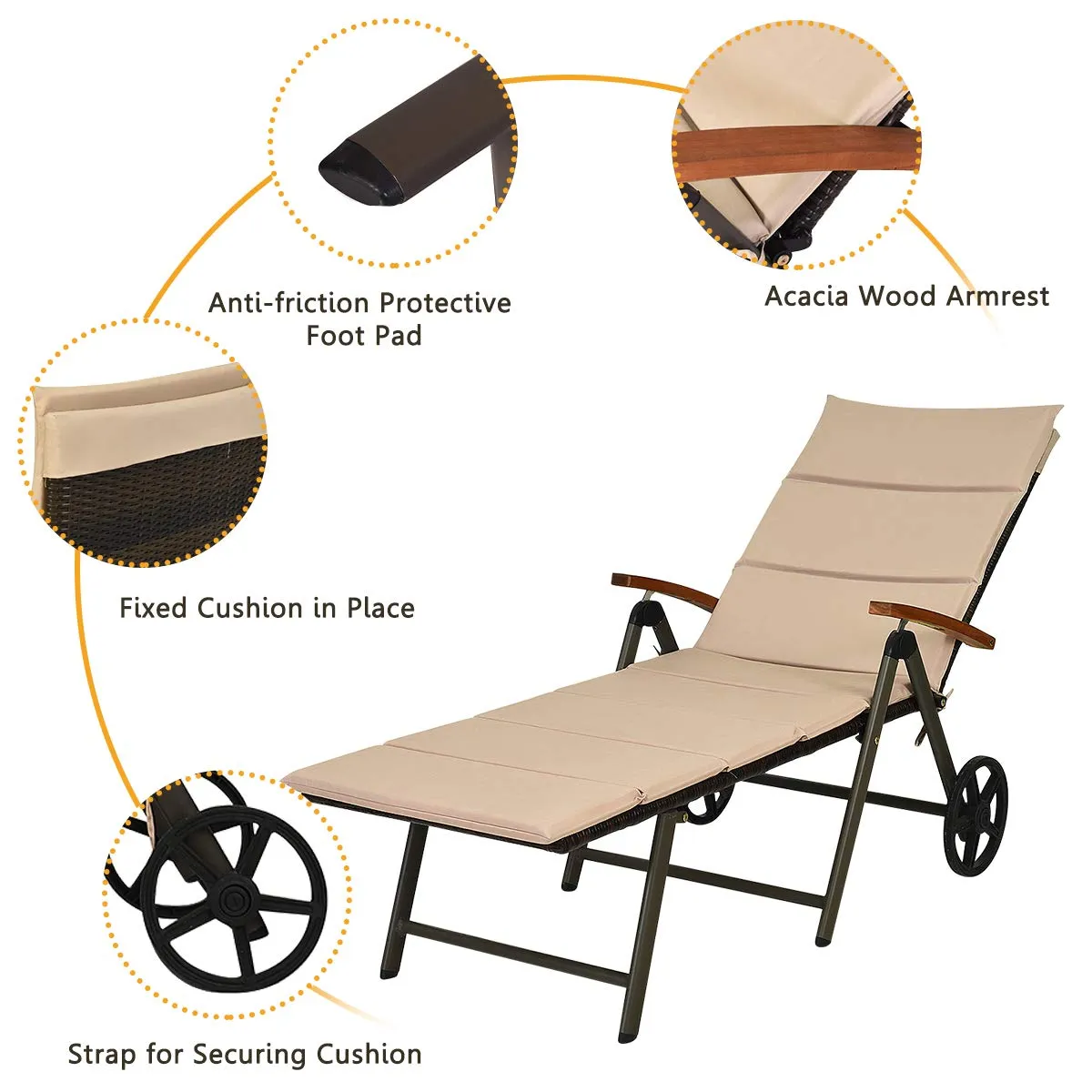 Tangkula Foldable Outdoor Chaise, Wicker Lounger Chair with Aluminum Frame, with Wheels for Easy Moving