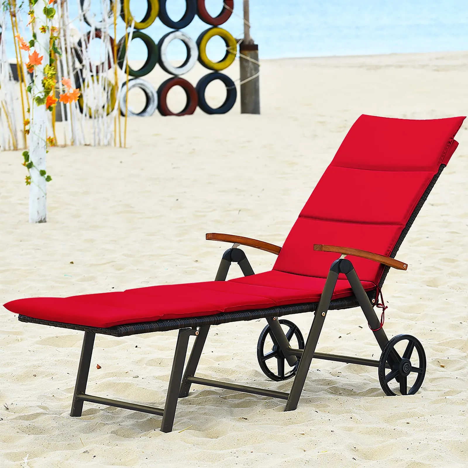 Tangkula Foldable Outdoor Chaise, Wicker Lounger Chair with Aluminum Frame, with Wheels for Easy Moving