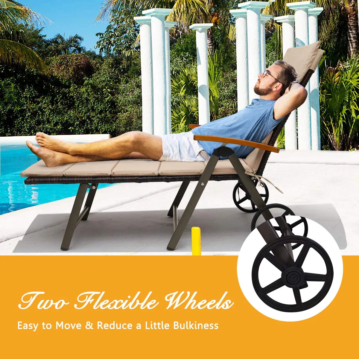 Tangkula Foldable Outdoor Chaise, Wicker Lounger Chair with Aluminum Frame, with Wheels for Easy Moving