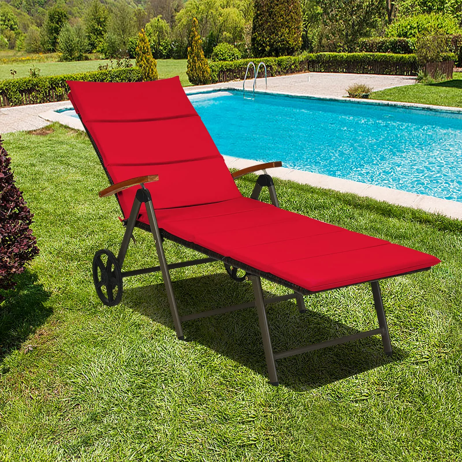 Tangkula Foldable Outdoor Chaise, Wicker Lounger Chair with Aluminum Frame, with Wheels for Easy Moving