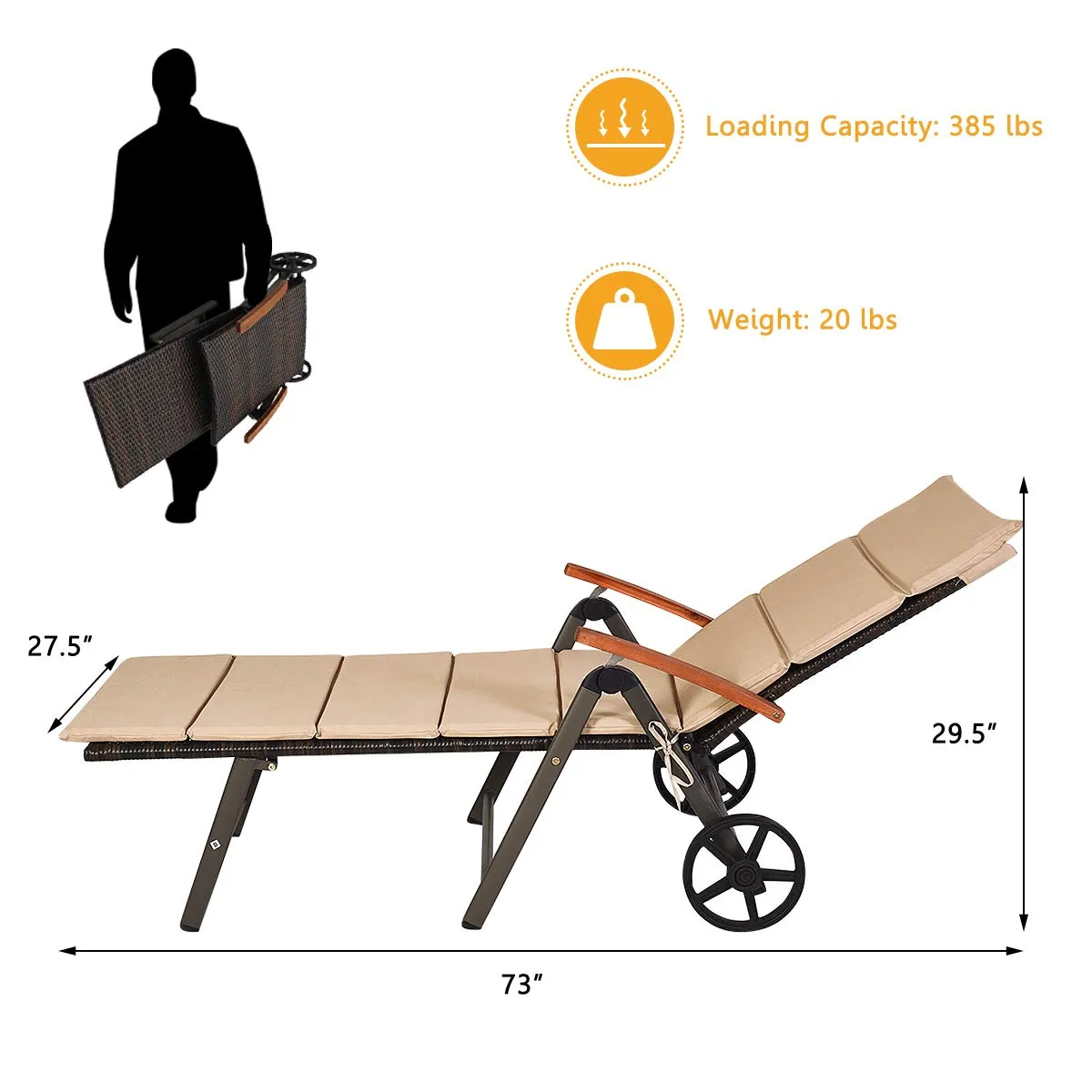 Tangkula Foldable Outdoor Chaise, Wicker Lounger Chair with Aluminum Frame, with Wheels for Easy Moving