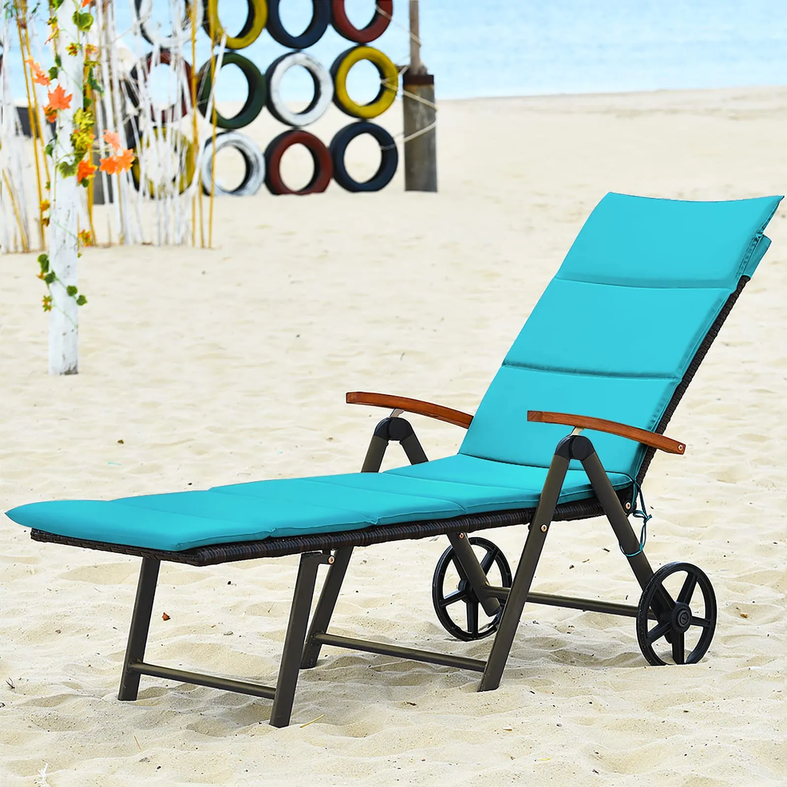 Tangkula Foldable Outdoor Chaise, Wicker Lounger Chair with Aluminum Frame, with Wheels for Easy Moving