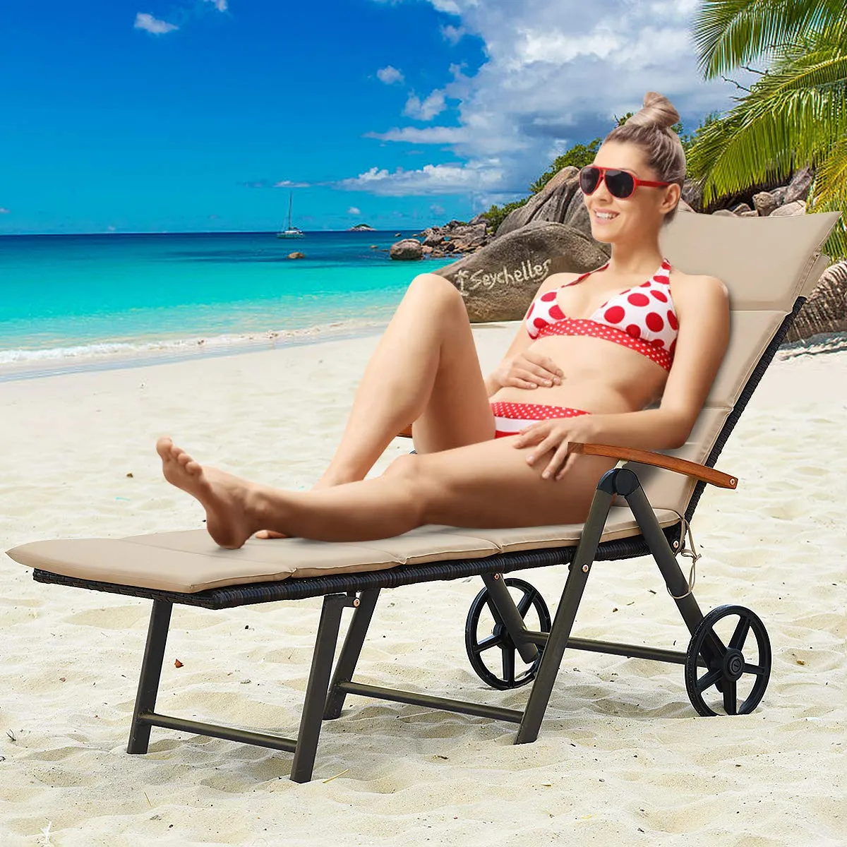 Tangkula Foldable Outdoor Chaise, Wicker Lounger Chair with Aluminum Frame, with Wheels for Easy Moving