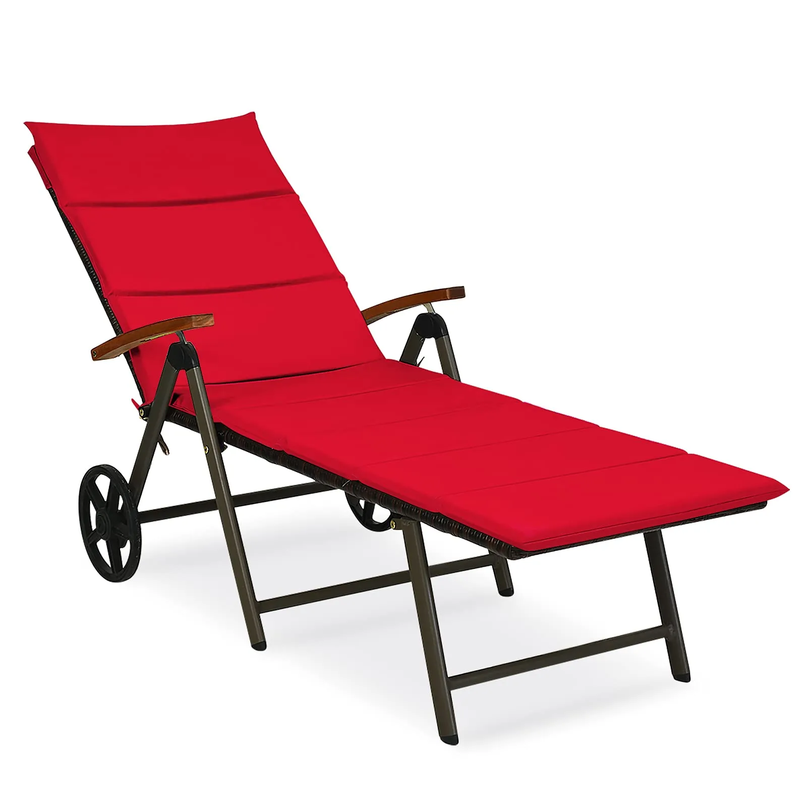 Tangkula Foldable Outdoor Chaise, Wicker Lounger Chair with Aluminum Frame, with Wheels for Easy Moving