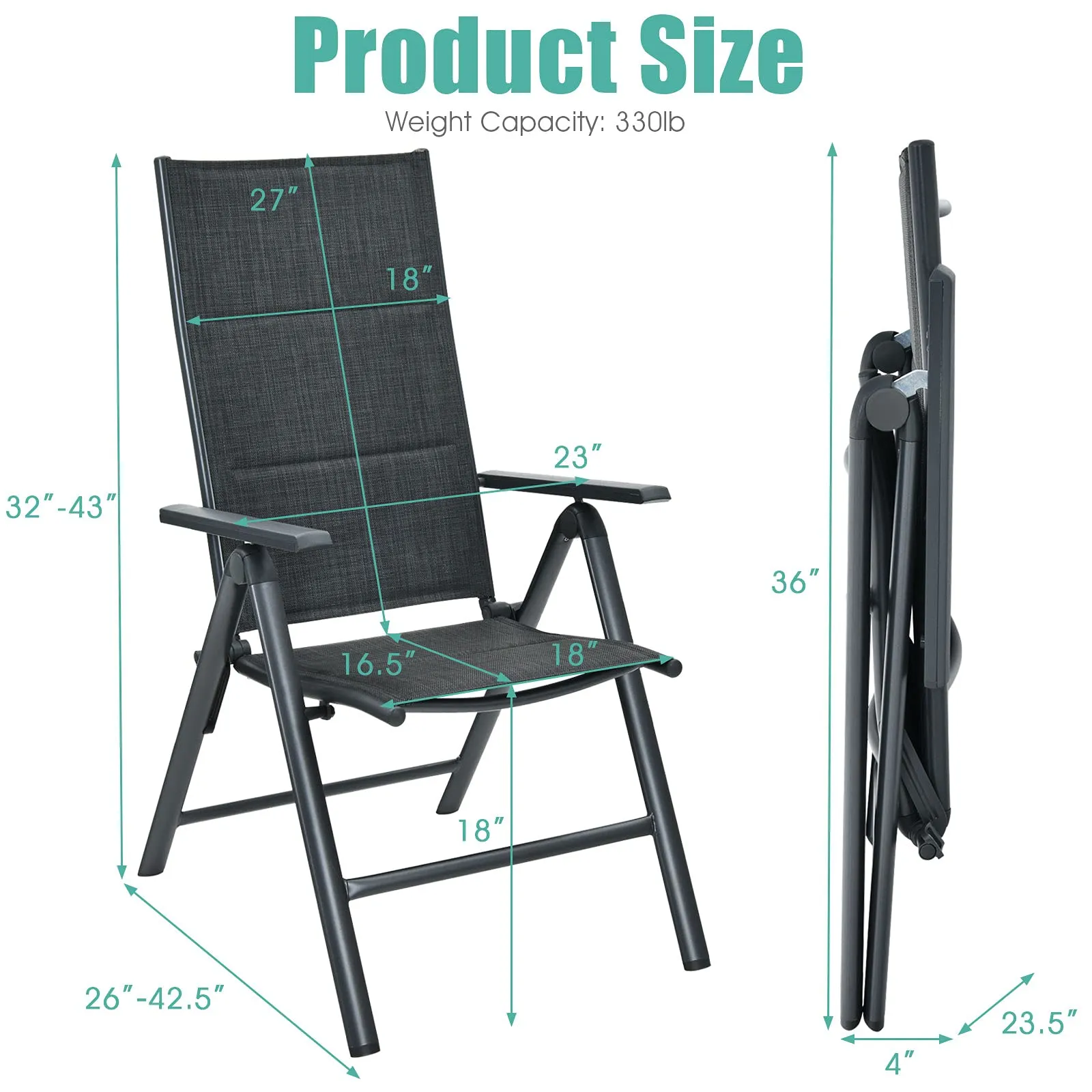 Tangkula Set of 2 Patio Dining Chairs, Portable Sling Back Chairs with Aluminum Frame, High Back Recliner with 7 Adjustable Positions