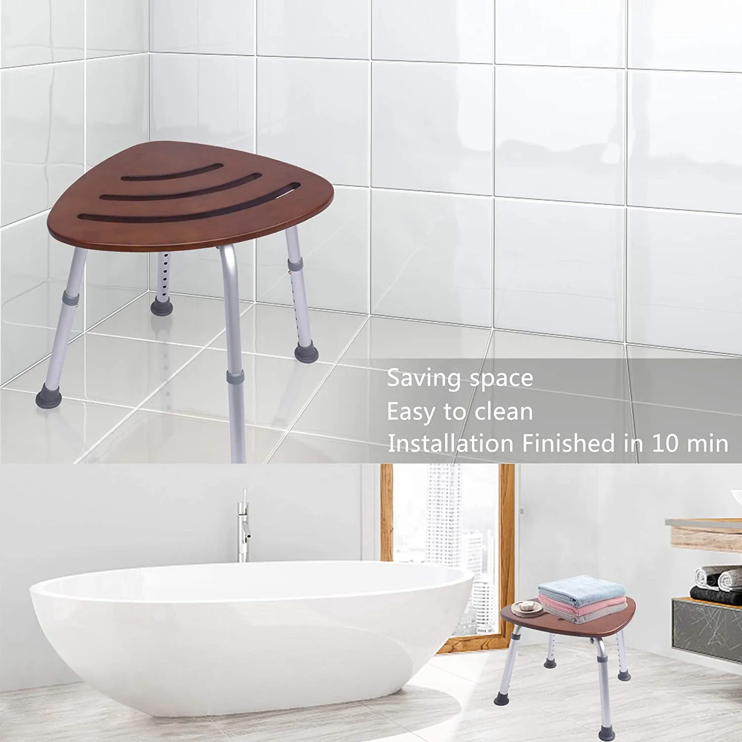 Triangular Bamboo Bath Seat for Elderly and Adults, Height Adjustable Eco-Friendly Sturdy 19.7" Lx 13.7" Wx 14"-20.7" H