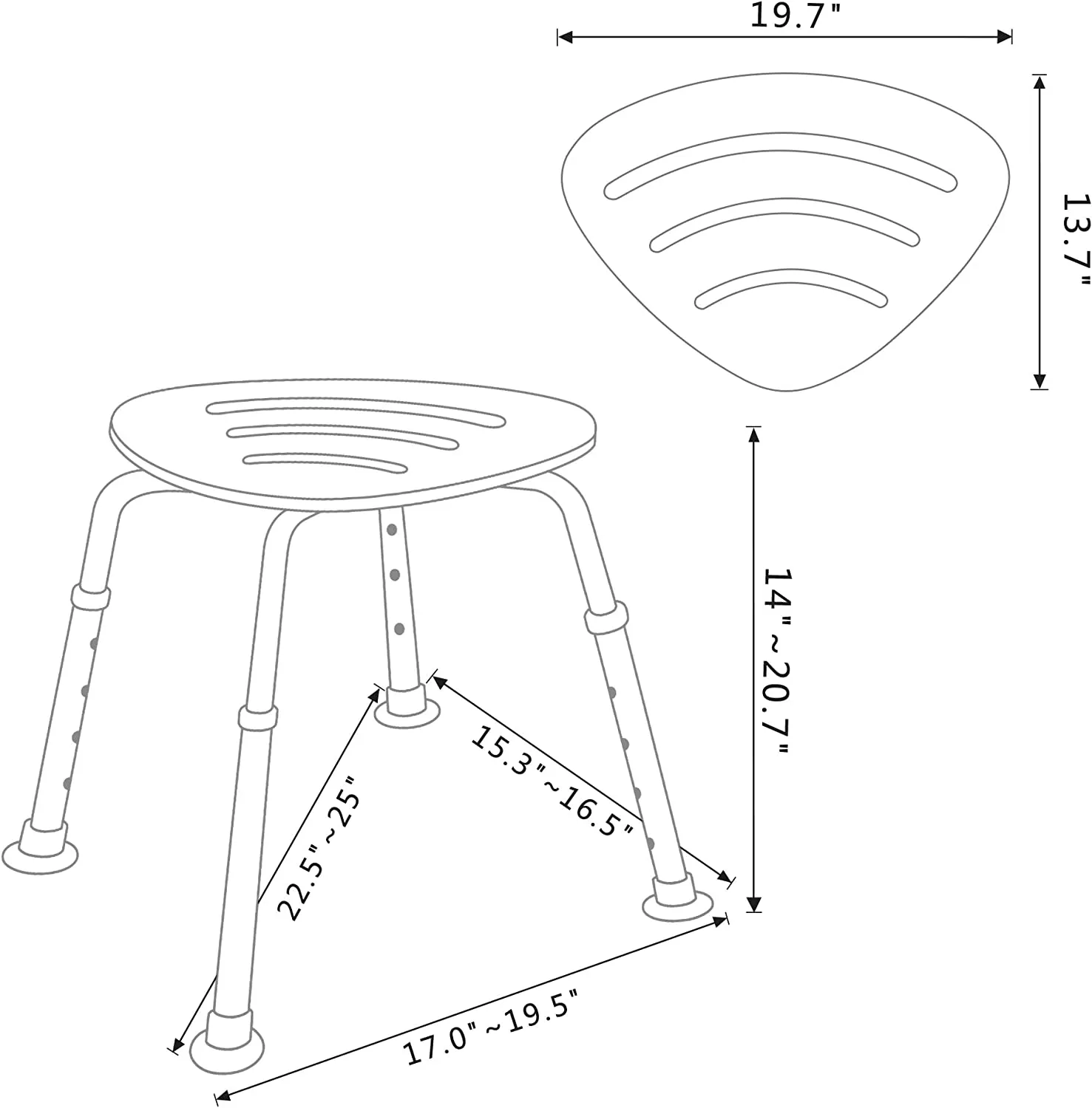 Triangular Bamboo Bath Seat for Elderly and Adults, Height Adjustable Eco-Friendly Sturdy 19.7" Lx 13.7" Wx 14"-20.7" H