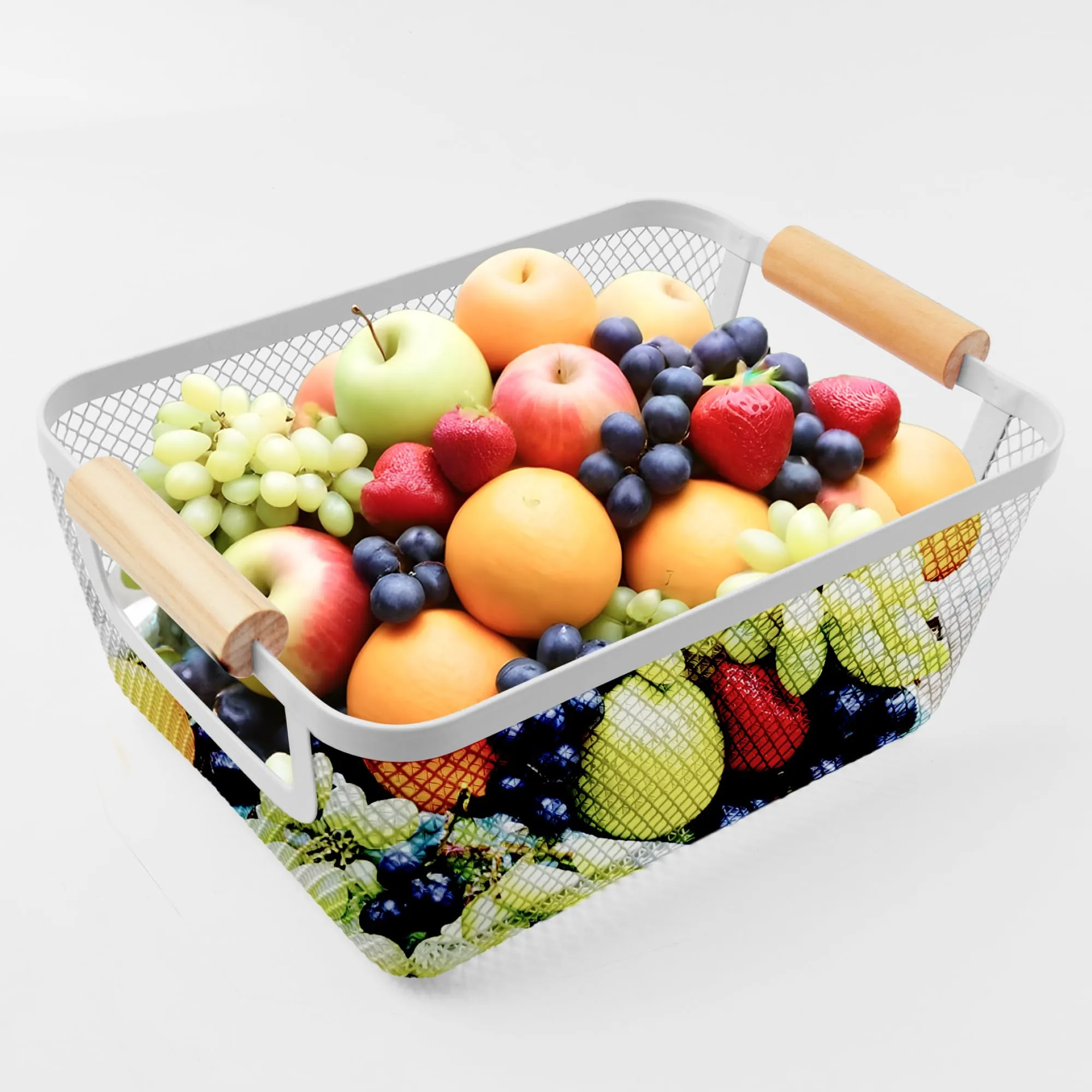 UMAI Metal Mesh Basket for Storage with Wooden handle (Small - White - 280 Gms) | Picnic Basket | Fruit basket & Vegetable basket for kitchen | Home Decor Items| Pink | Organisers Storage Box ||