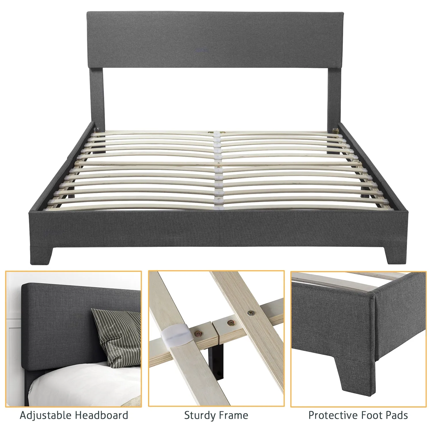 Upholstered Bed Frame with Adjustable Headboard