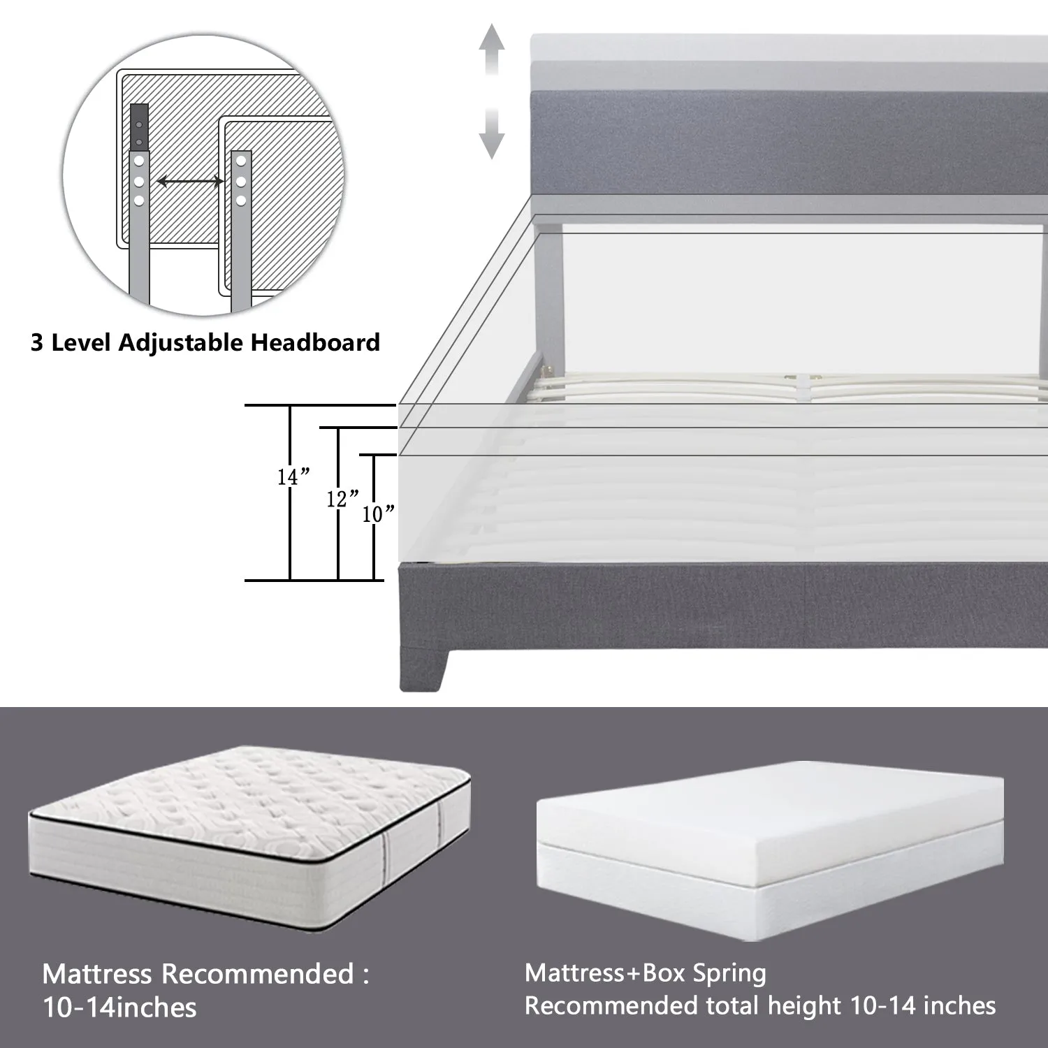 Upholstered Bed Frame with Adjustable Headboard