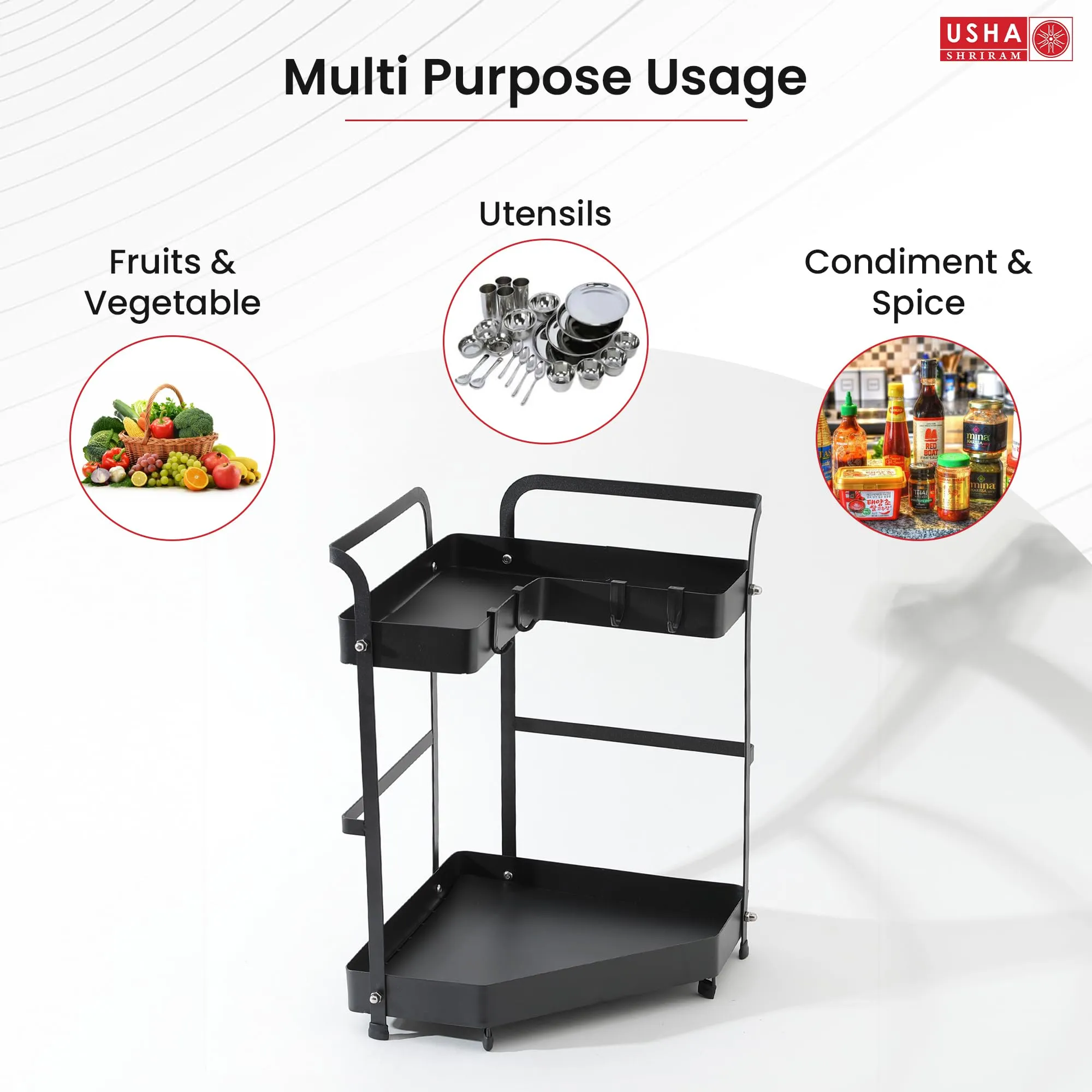 USHA SHRIRAM L Corner Seasoning Rack Style Two Layer (3Pcs) | Stackable Kitchen Basket for Storage | Carbon Steel Collapsible Foldable Basket for Fruits and Vegetables | Rust-Resistant | Unbreakable