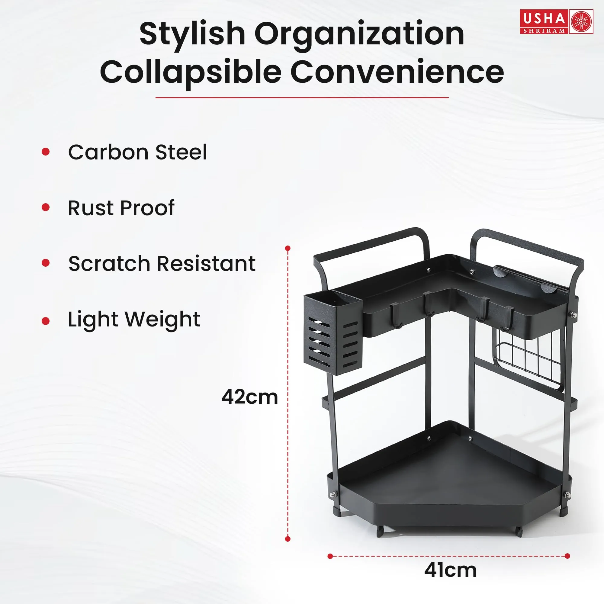 USHA SHRIRAM L The Whole Set of Corner Rack Two Layer (5Pcs) | Stackable Kitchen Basket for Storage | Carbon Steel Collapsible Foldable Basket for Fruits and Vegetables | Rust-Resistant | Unbreakable