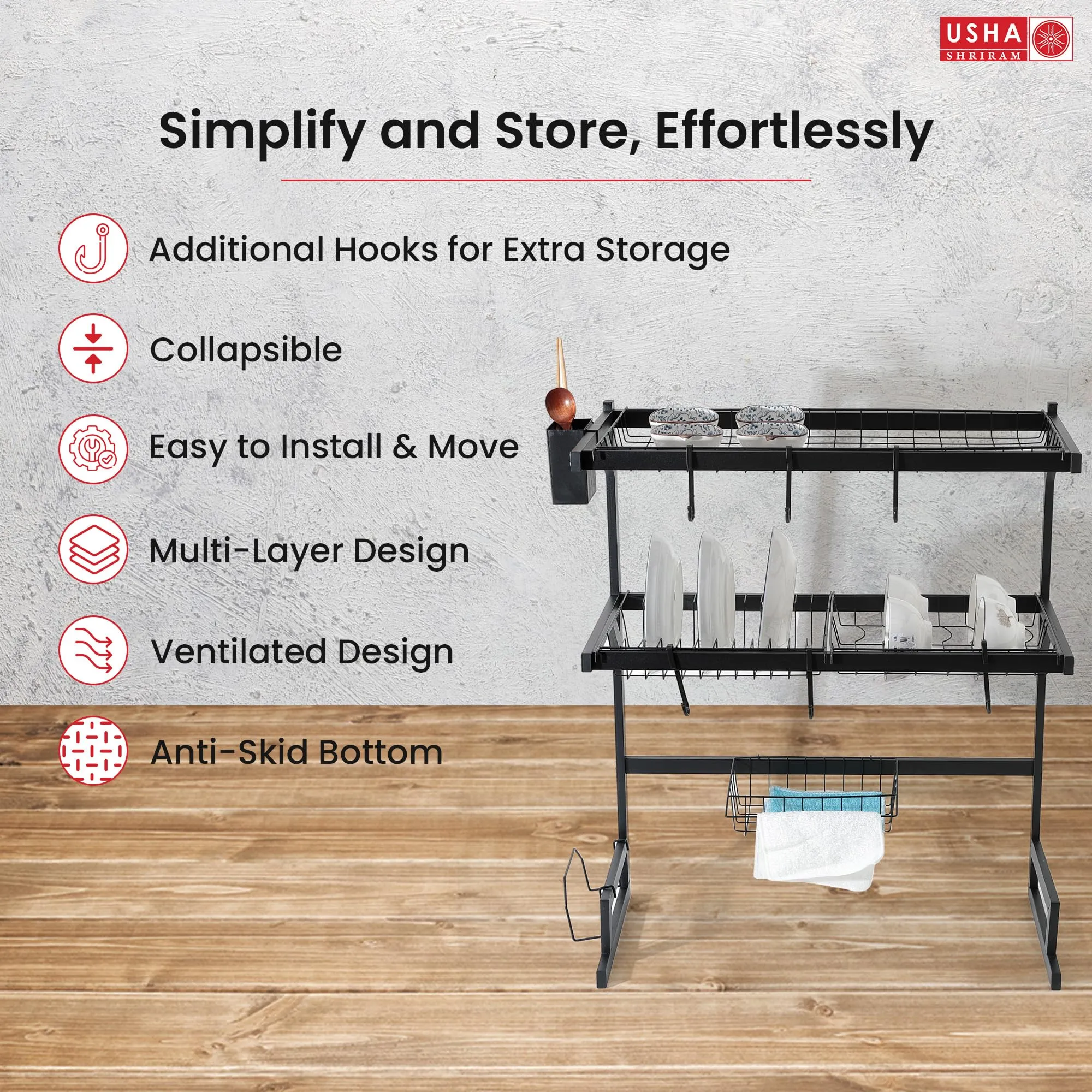 USHA SHRIRAM Single Layer 65CM Two Layer (Black - 5Pcs) | Stackable Kitchen Basket for Storage | Carbon Steel Collapsible Foldable Basket for Fruits and Vegetables | Rust-Resistant | Unbreakable