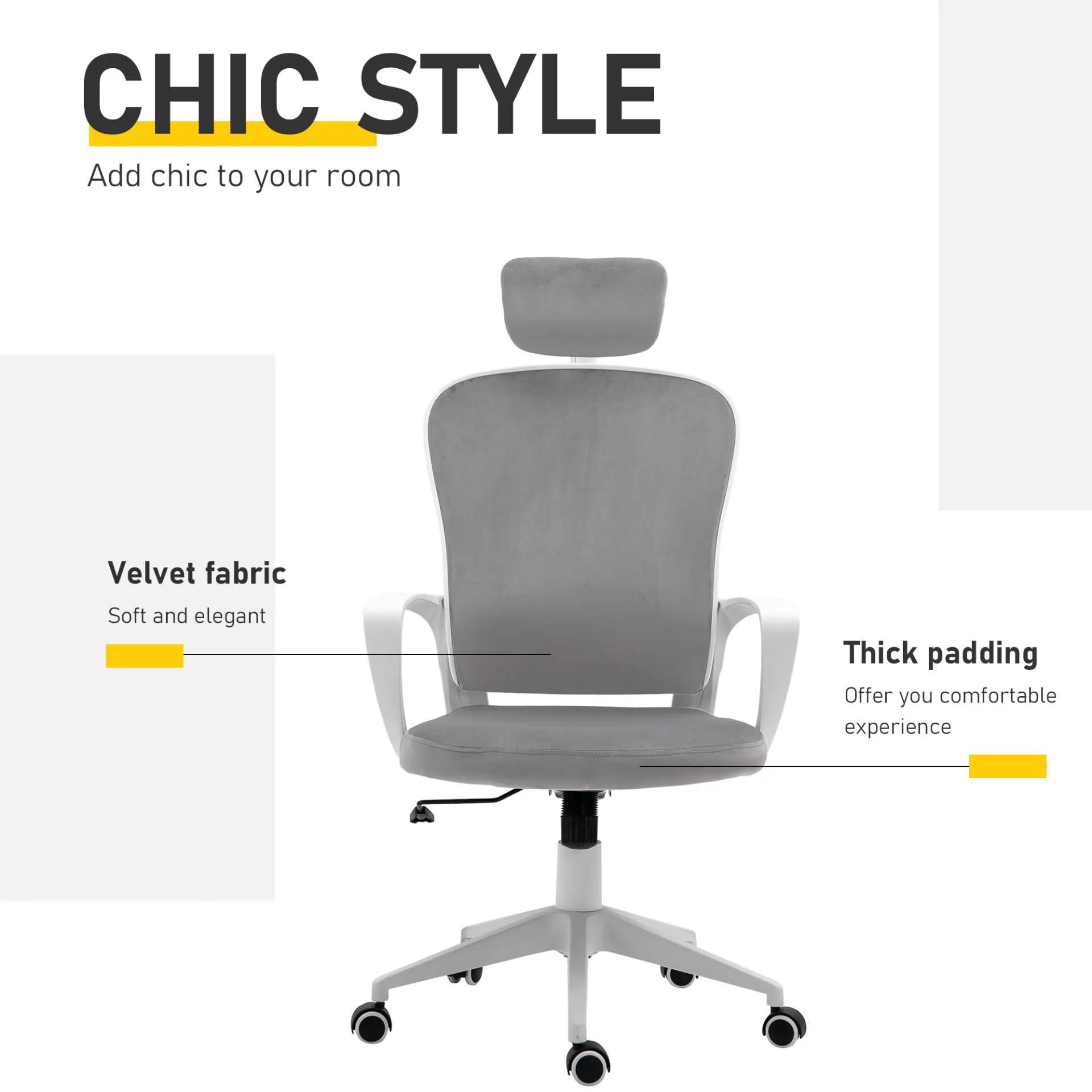 Vinsetto High-Back Office Chair with Velvet Fabric, Liftable Headrest, Adjustable Height, and Wheels - Grey