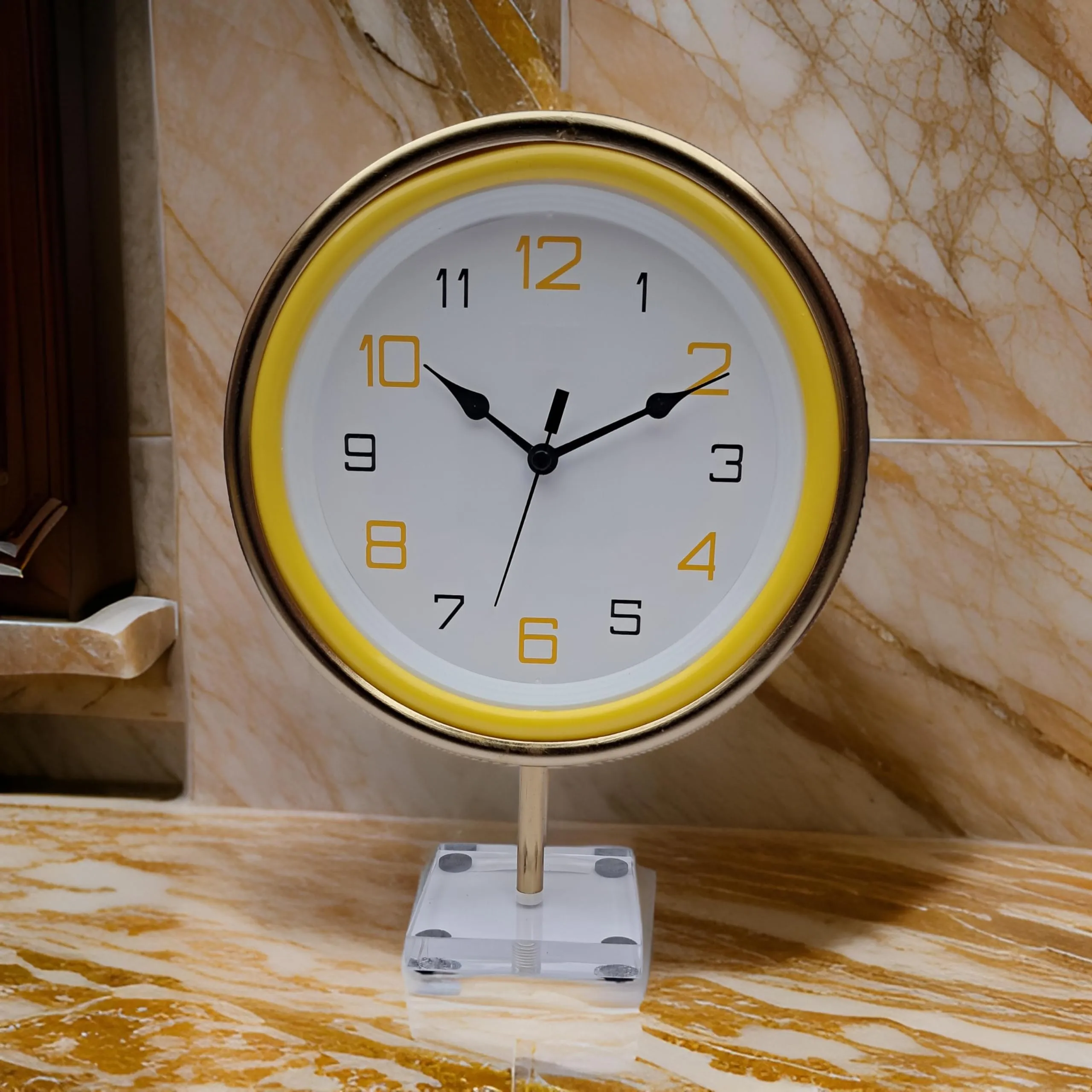 VPC Decorative Premium Golden Metal Frame Table Clock, with 8 inch Top Branded Clock and a Premium Acrelic Base for Home and Office