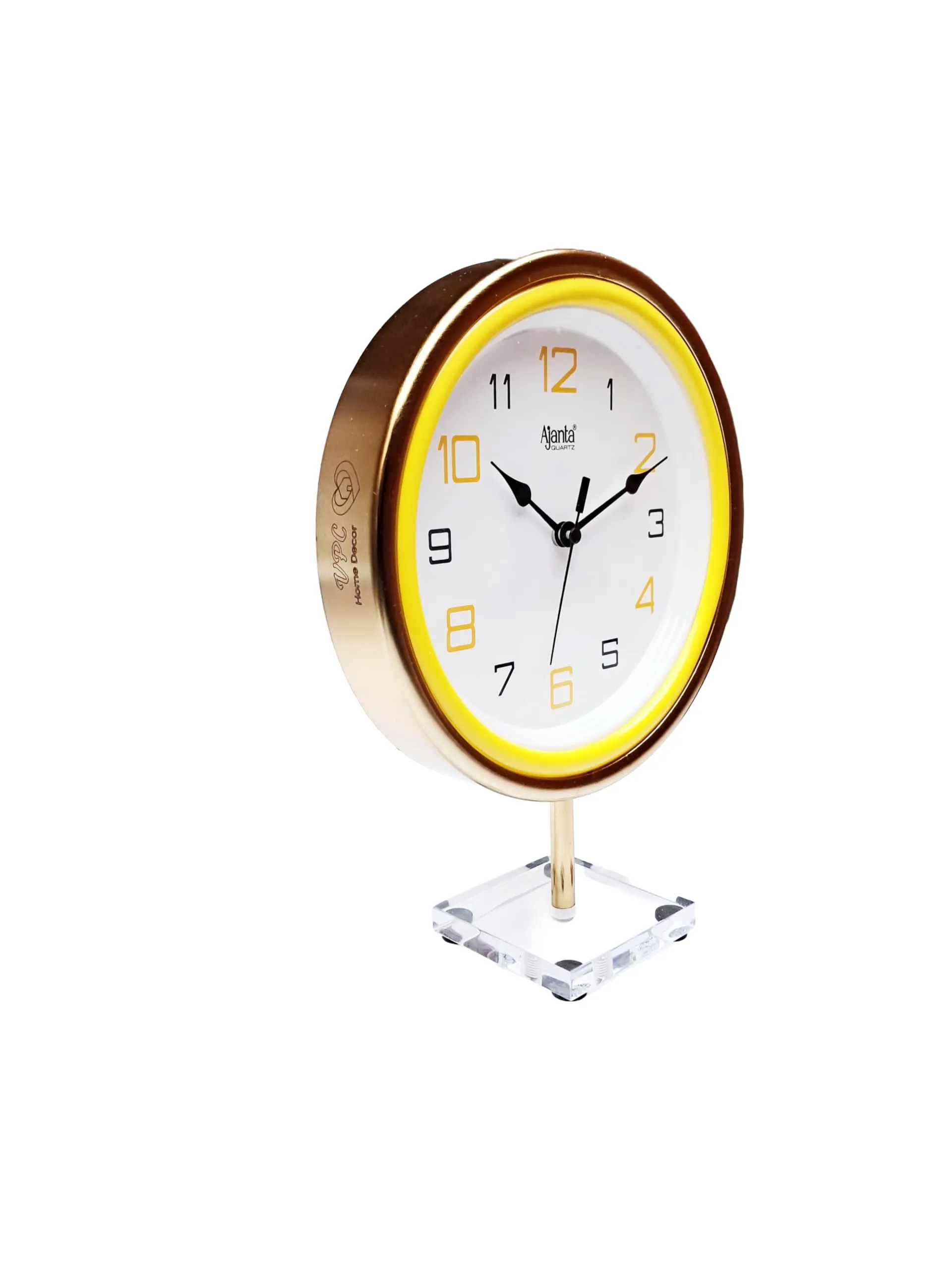 VPC Decorative Premium Golden Metal Frame Table Clock, with 8 inch Top Branded Clock and a Premium Acrelic Base for Home and Office