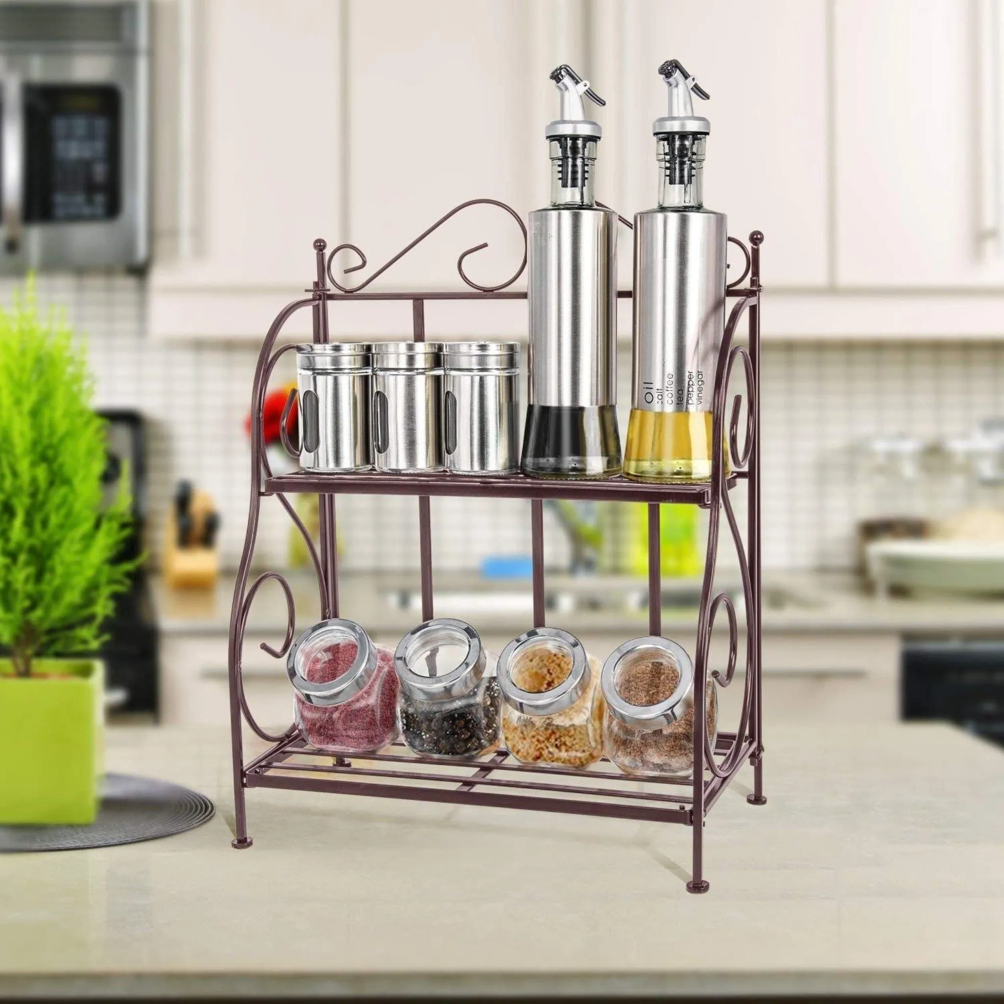 Wooden Twist 2 Tier Kitchen Spice Rack Shelf Organizer Space-Saving Countertop Spice Holder, Rustic Wooden Design for Kitchen Storage and Organization